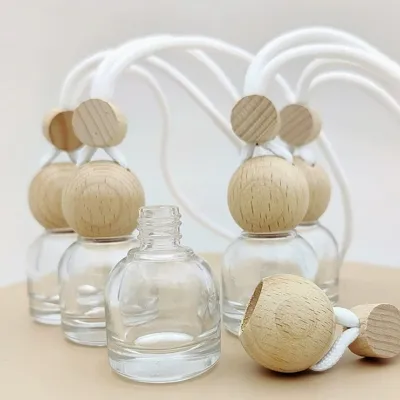 زجاجات معطرات السيارات (فواحة سيارة مميزة) دائرية سعة 12 مل - بأغطية خشبية ذات ملمس طبيعي